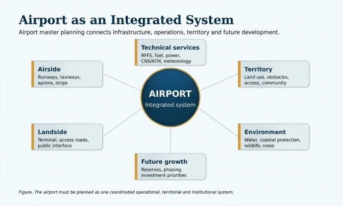 Diagram of the airport as an integrated system connecting airside, landside, technical services, territory, environment, and future growth