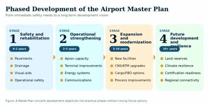 Airport infrastructure planning framework and short, medium, and long-term phased development stages
