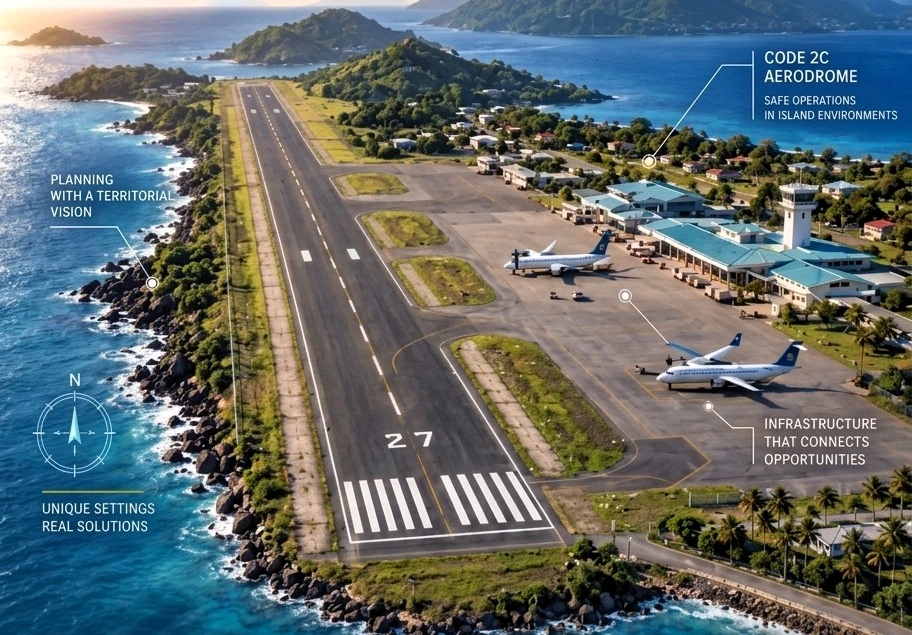 The Airport Master Plan: Planning, Safety and Forward-Looking Vision for Island Airports Airport Master Plan infographic showing aerial view of runway and terminal in an island environment